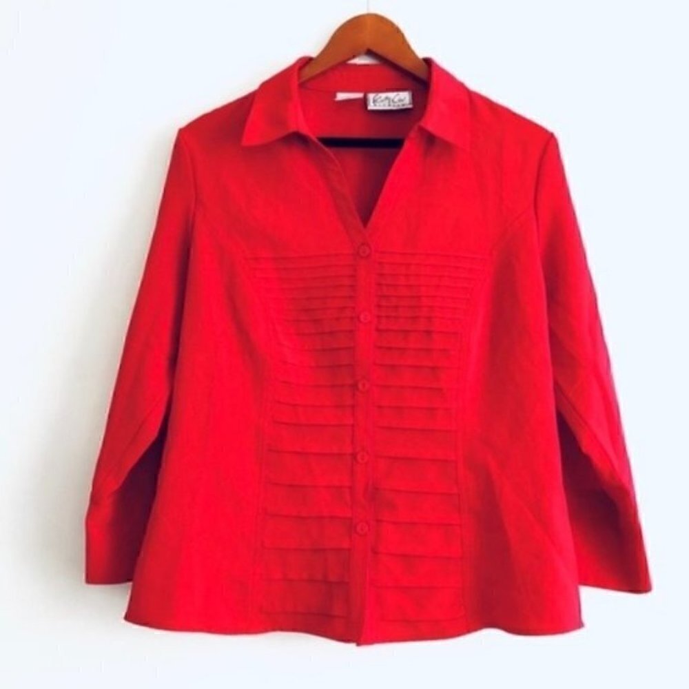 Kathy Che Top M Vintage Button Down Red Pleated Valentine's Day Heart